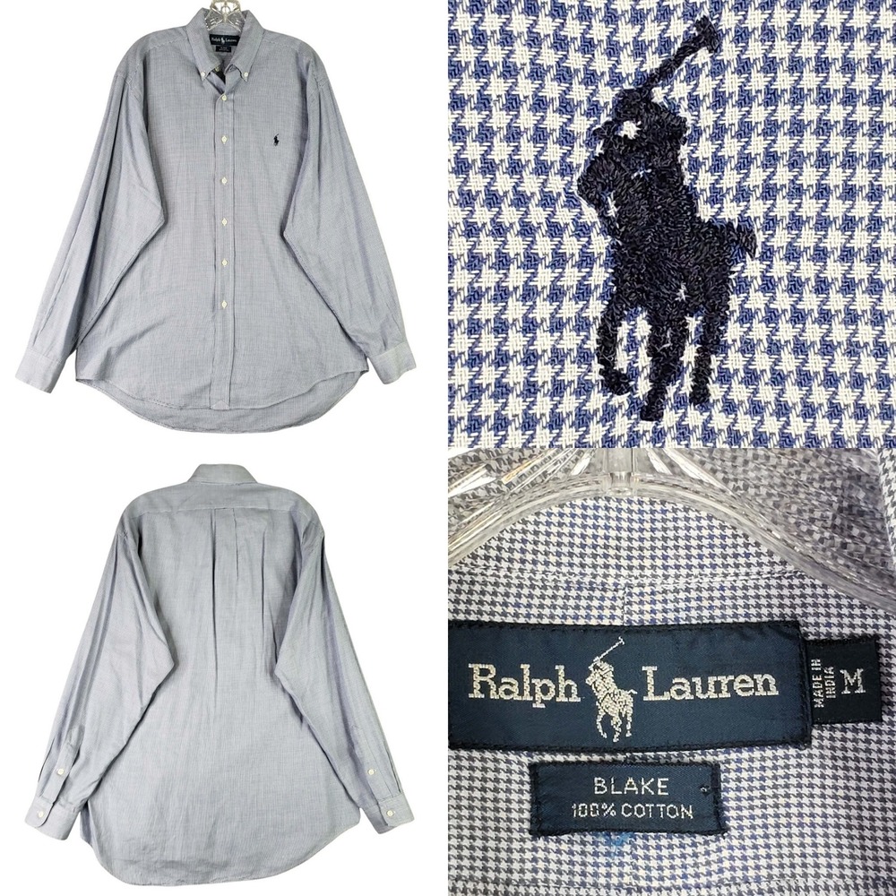 Polo Ralph Lauren Button Down Shirt Oxford Mens M Blue Houndstooth Blake LS